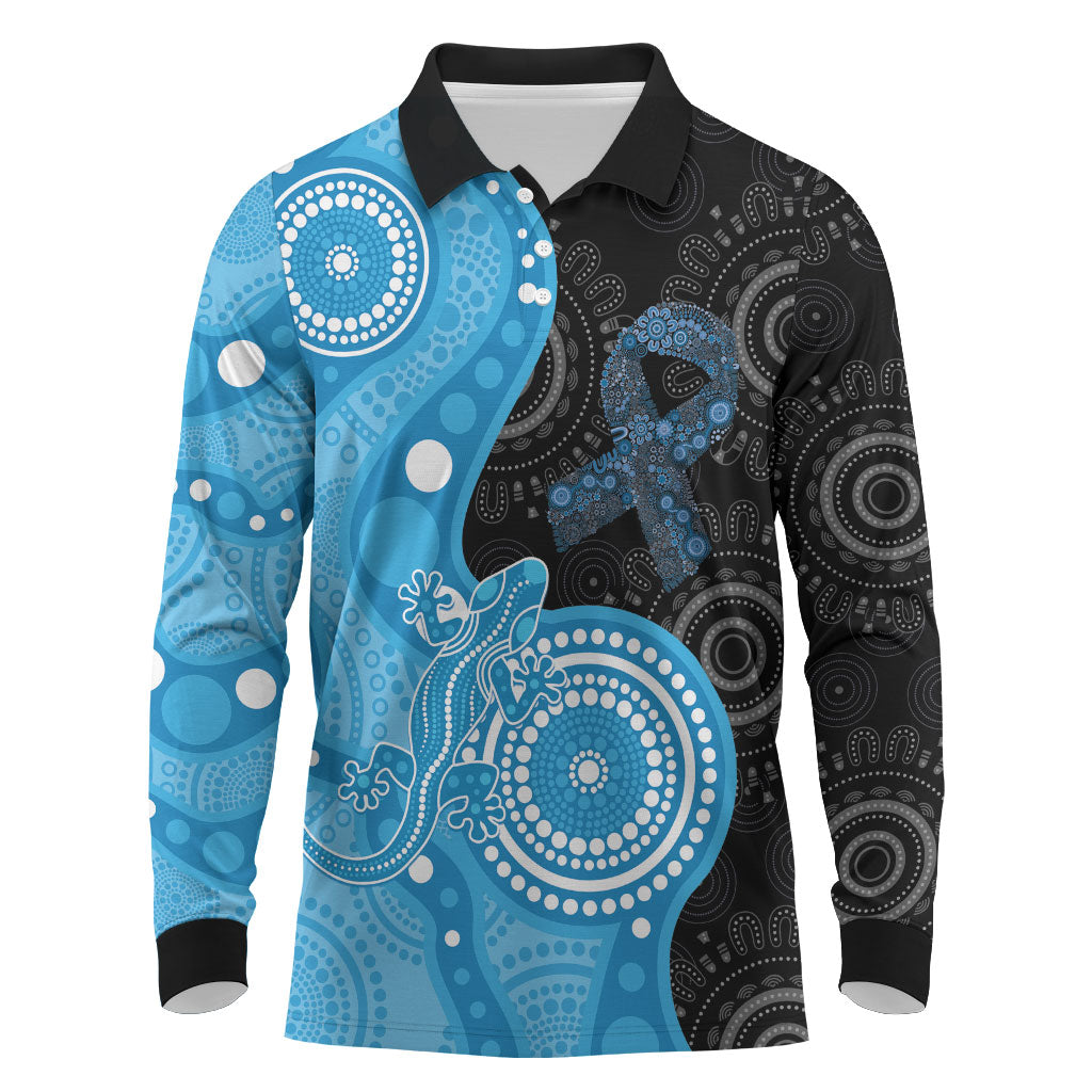 Australia Autism Support Month Long Sleeve Polo Shirt Indigenous Lizard With Blue Ribbon