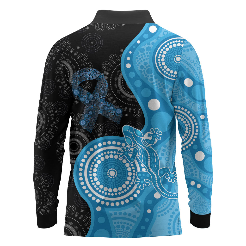 Australia Autism Support Month Long Sleeve Polo Shirt Indigenous Lizard With Blue Ribbon