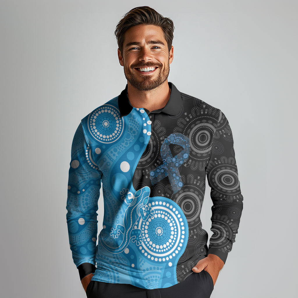 Australia Autism Support Month Long Sleeve Polo Shirt Indigenous Lizard With Blue Ribbon
