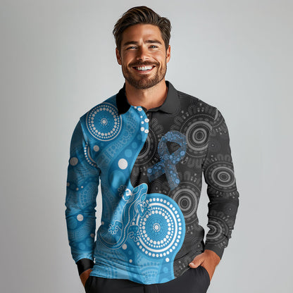Australia Autism Support Month Long Sleeve Polo Shirt Indigenous Lizard With Blue Ribbon