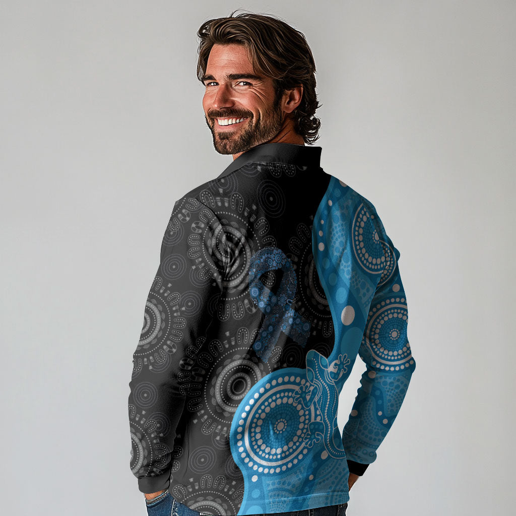Australia Autism Support Month Long Sleeve Polo Shirt Indigenous Lizard With Blue Ribbon
