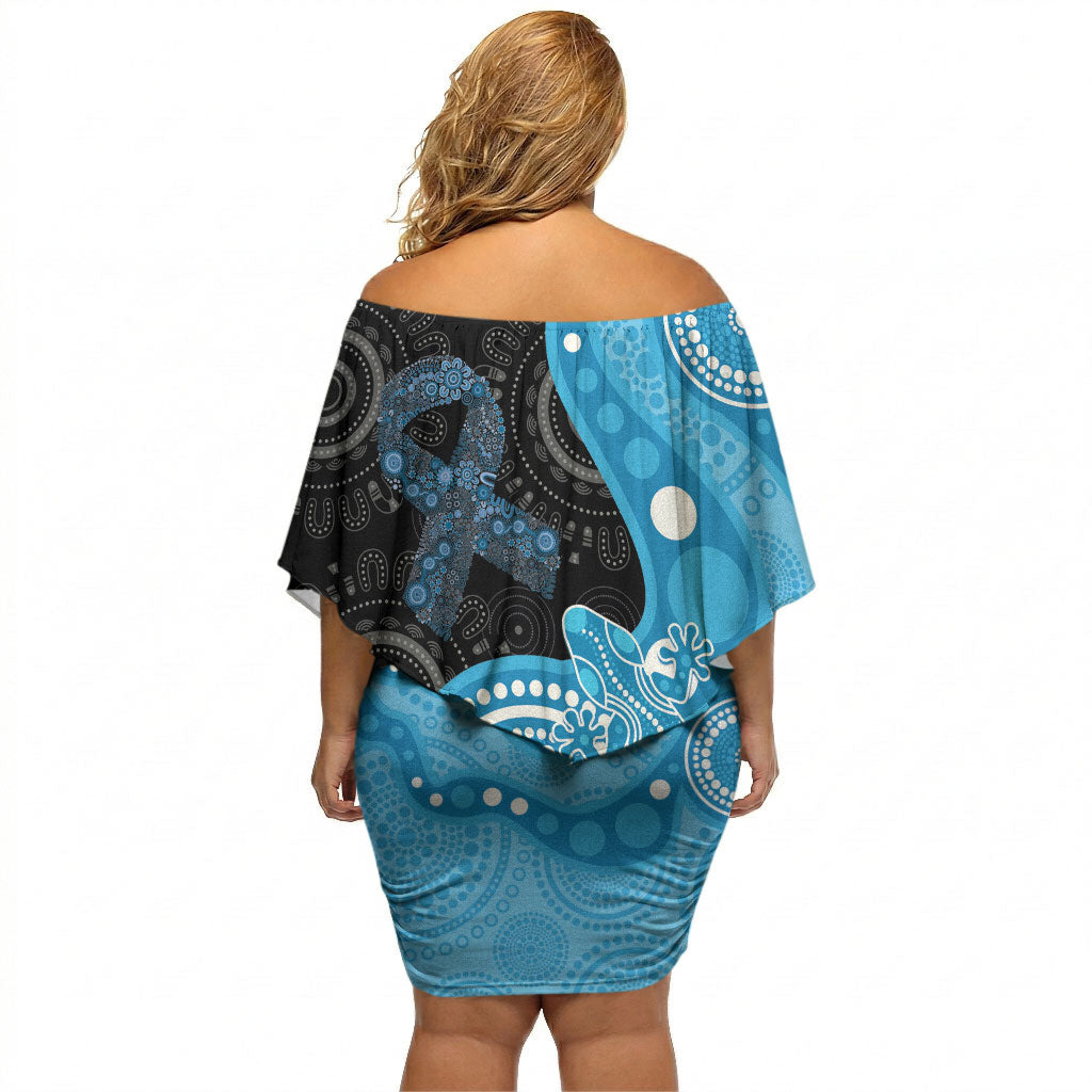Australia Autism Support Month Off Shoulder Short Dress Indigenous Lizard With Blue Ribbon