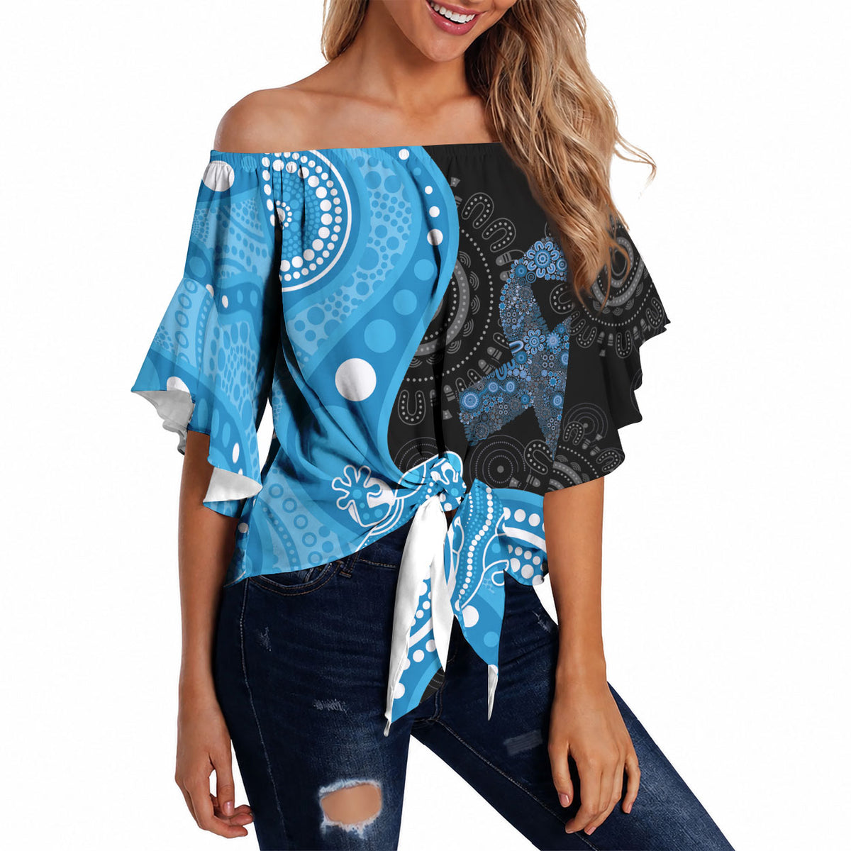 Australia Autism Support Month Off Shoulder Wrap Waist Top Indigenous Lizard With Blue Ribbon
