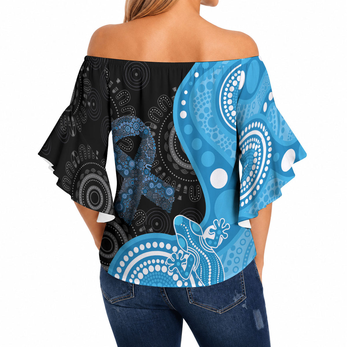 Australia Autism Support Month Off Shoulder Wrap Waist Top Indigenous Lizard With Blue Ribbon