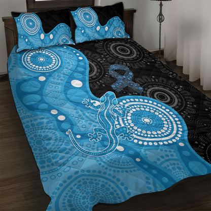 Australia Autism Support Month Quilt Bed Set Indigenous Lizard With Blue Ribbon