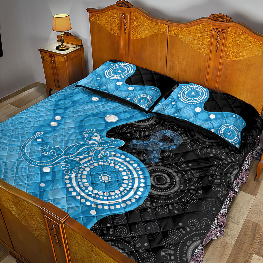 Australia Autism Support Month Quilt Bed Set Indigenous Lizard With Blue Ribbon
