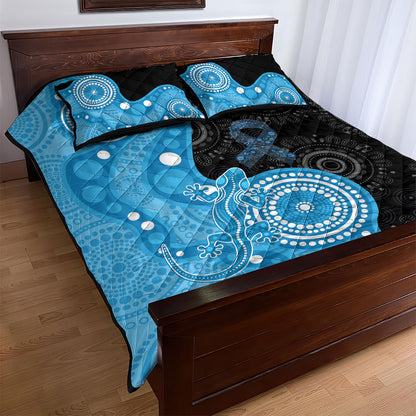 Australia Autism Support Month Quilt Bed Set Indigenous Lizard With Blue Ribbon