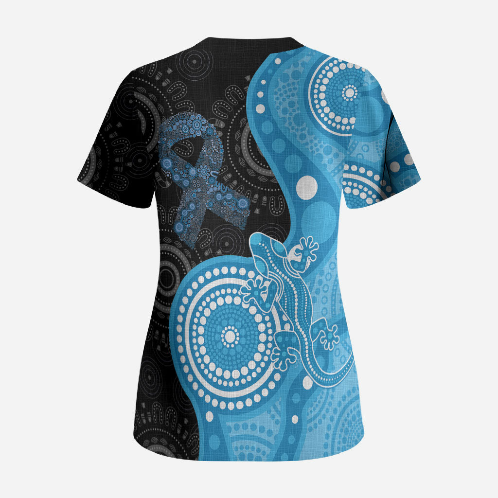 Australia Autism Support Month Scrub Top Indigenous Lizard With Blue Ribbon