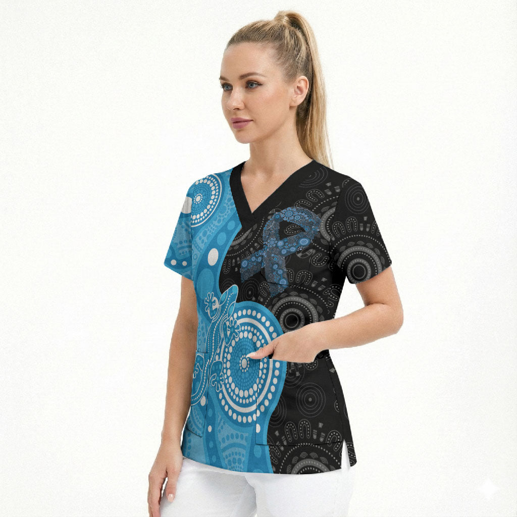 Australia Autism Support Month Scrub Top Indigenous Lizard With Blue Ribbon