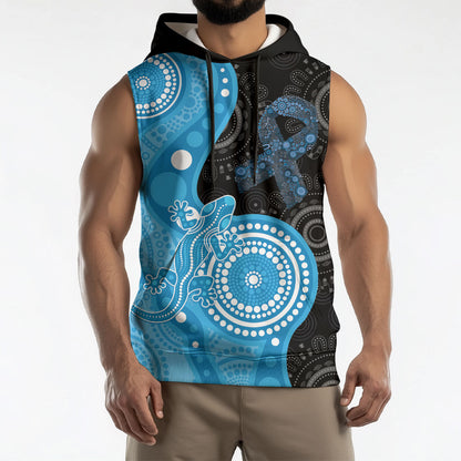 Australia Autism Support Month Sleeveless Hoodie Indigenous Lizard With Blue Ribbon