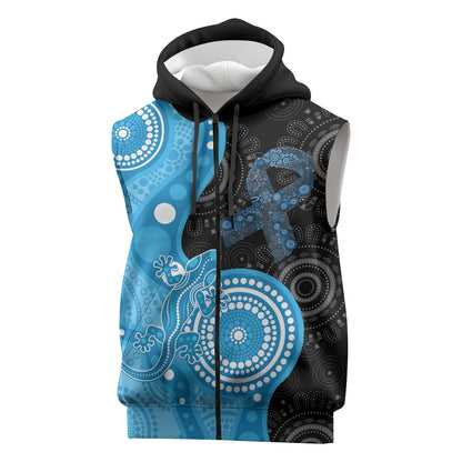 Australia Autism Support Month Sleeveless Zip Hoodie Indigenous Lizard With Blue Ribbon