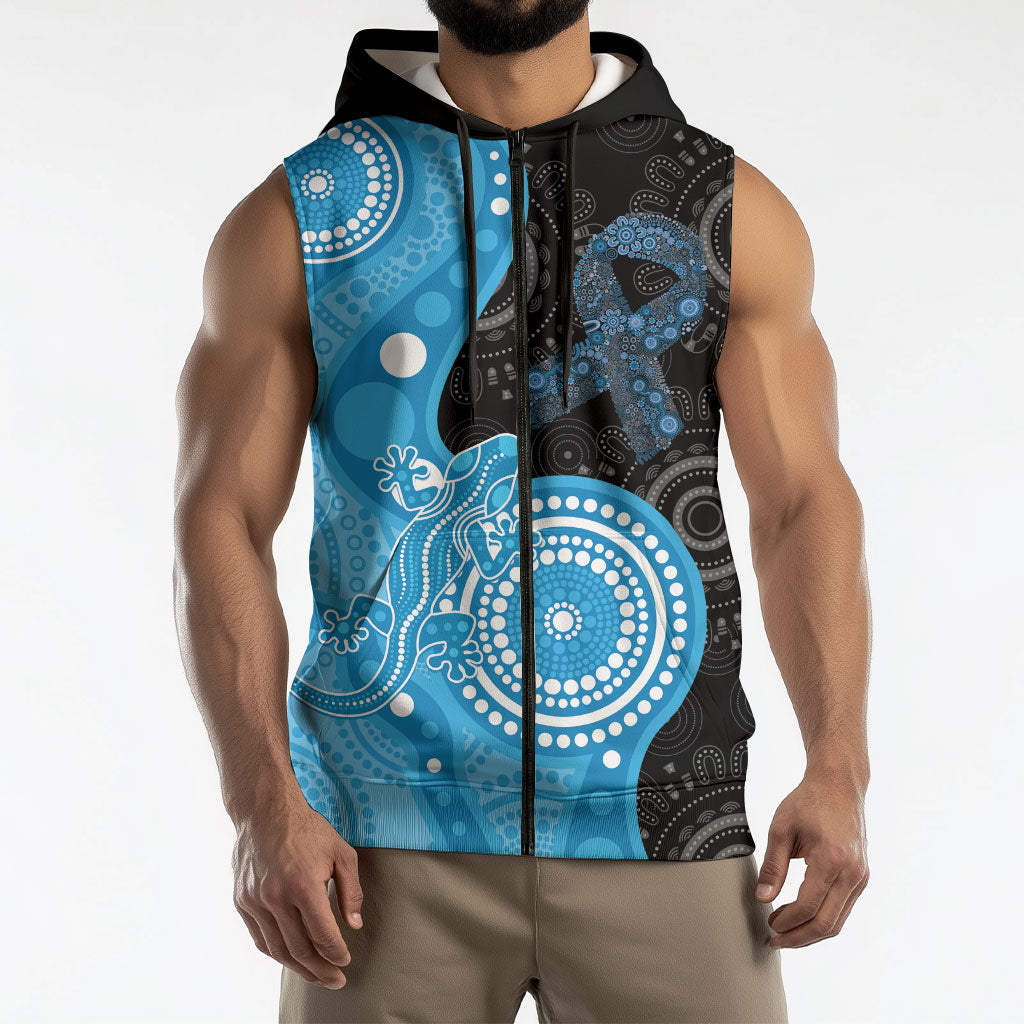 Australia Autism Support Month Sleeveless Zip Hoodie Indigenous Lizard With Blue Ribbon
