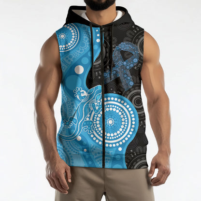Australia Autism Support Month Sleeveless Zip Hoodie Indigenous Lizard With Blue Ribbon