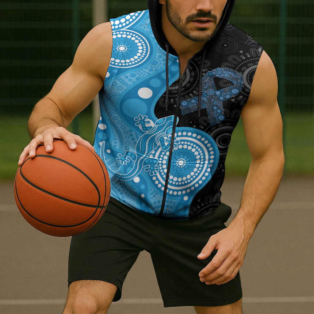 Australia Autism Support Month Sleeveless Zip Hoodie Indigenous Lizard With Blue Ribbon