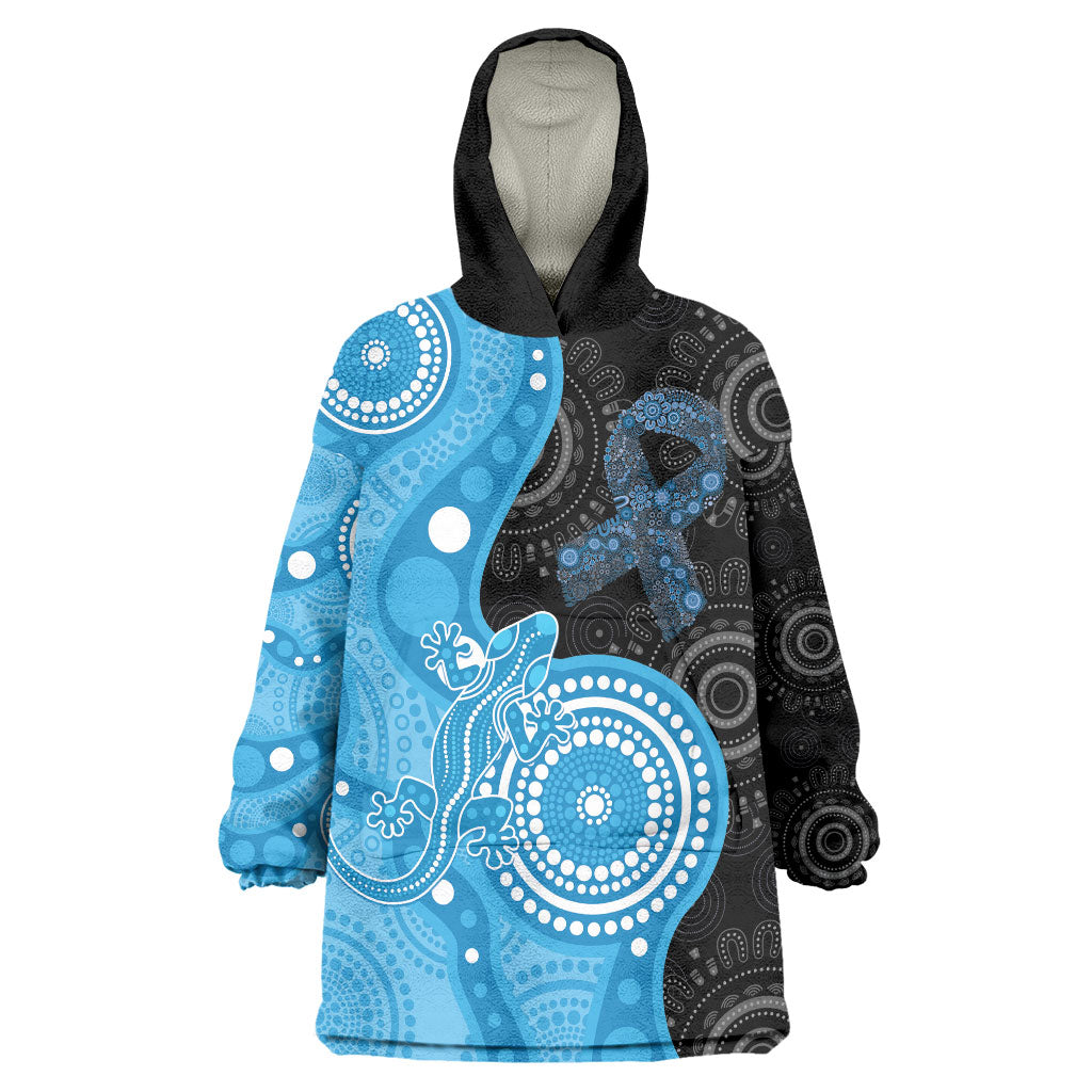 Australia Autism Support Month Wearable Blanket Hoodie Indigenous Lizard With Blue Ribbon