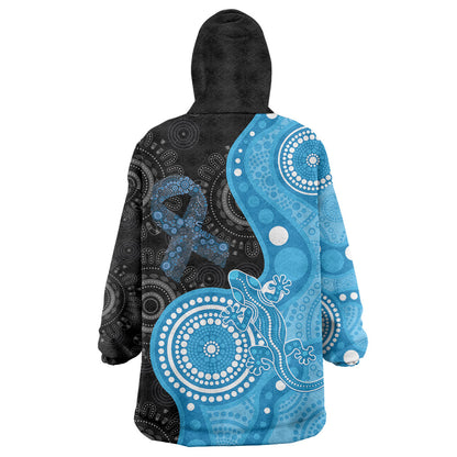Australia Autism Support Month Wearable Blanket Hoodie Indigenous Lizard With Blue Ribbon