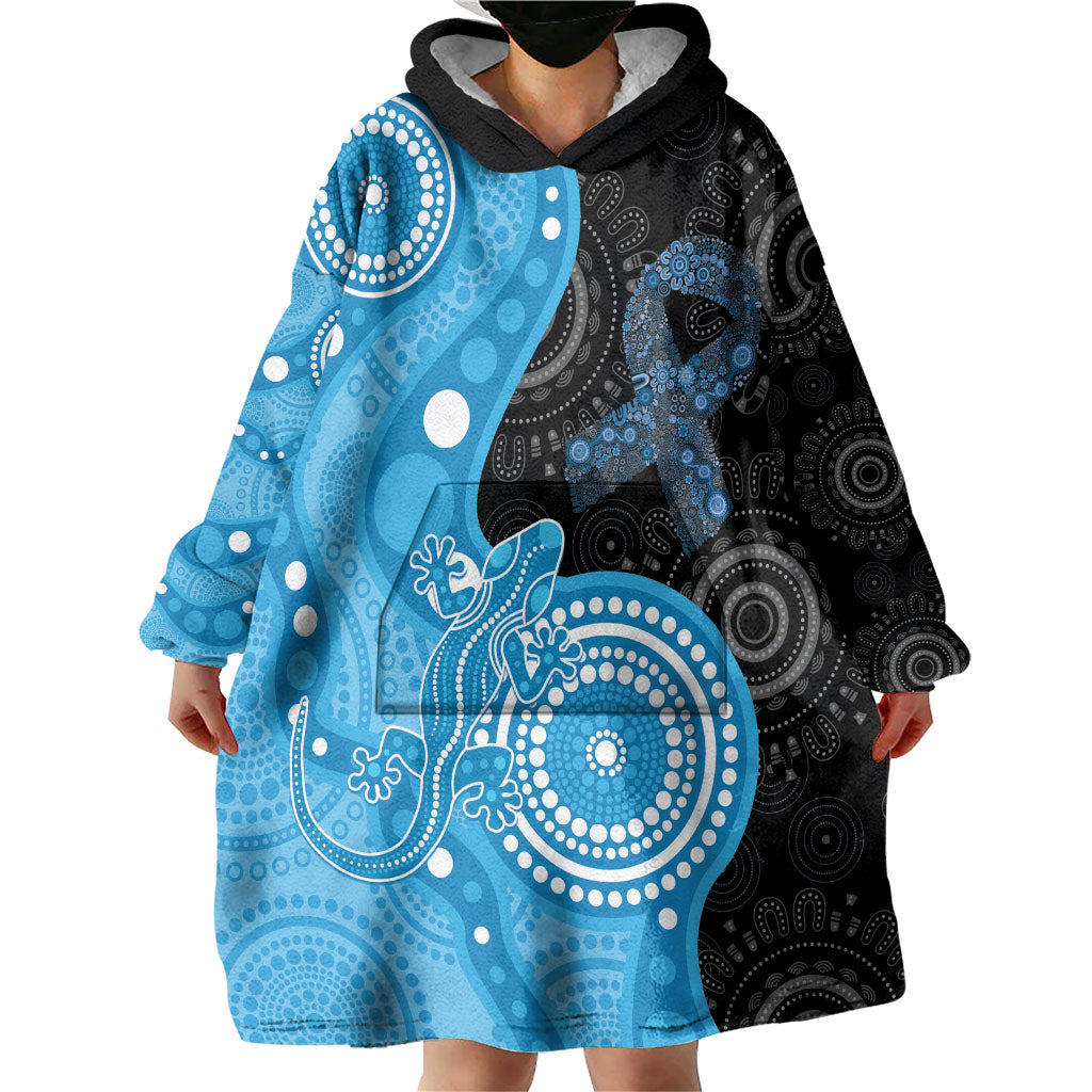 Australia Autism Support Month Wearable Blanket Hoodie Indigenous Lizard With Blue Ribbon