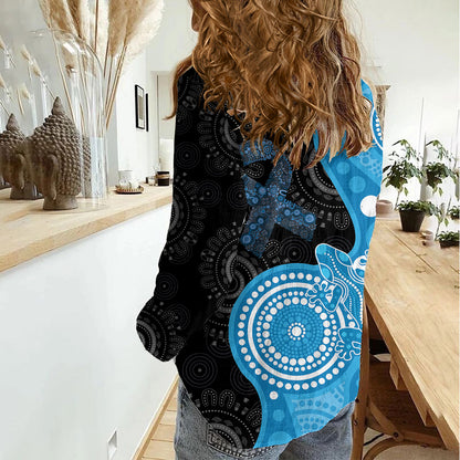 Australia Autism Support Month Women Casual Shirt Indigenous Lizard With Blue Ribbon