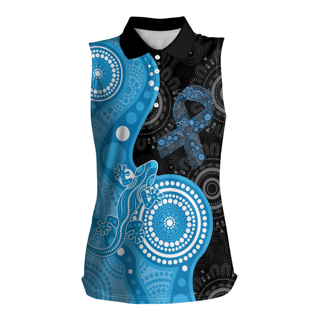 Australia Autism Support Month Women Sleeveless Polo Shirt Indigenous Lizard With Blue Ribbon