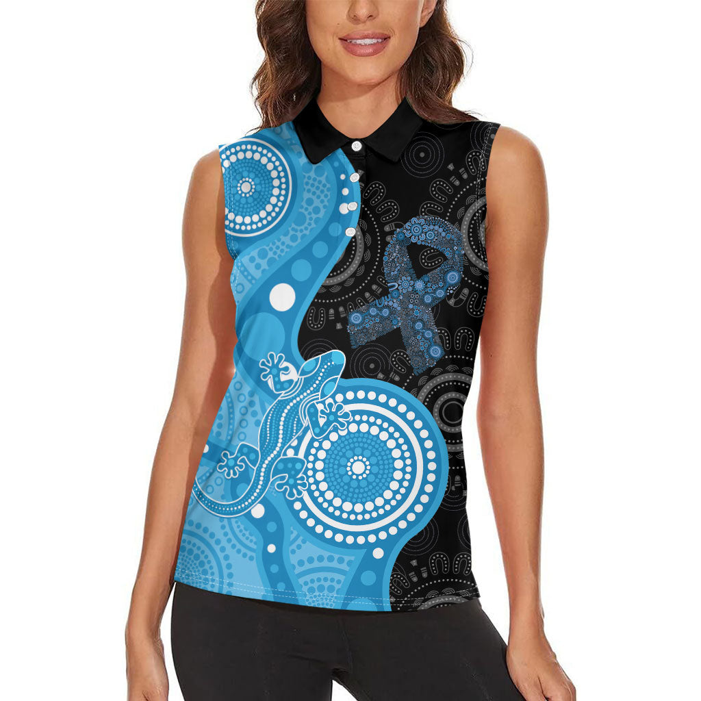 Australia Autism Support Month Women Sleeveless Polo Shirt Indigenous Lizard With Blue Ribbon