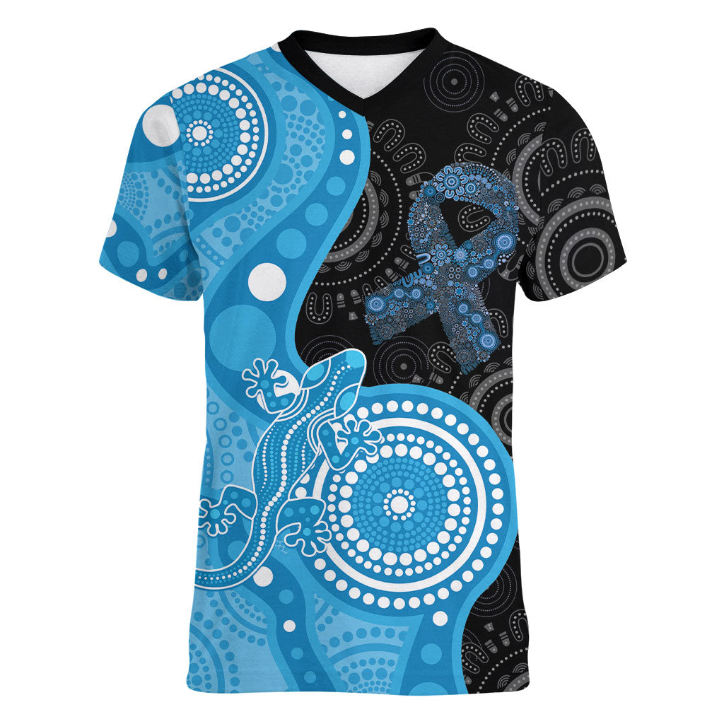 Australia Autism Support Month Women V-Neck T-Shirt Indigenous Lizard With Blue Ribbon