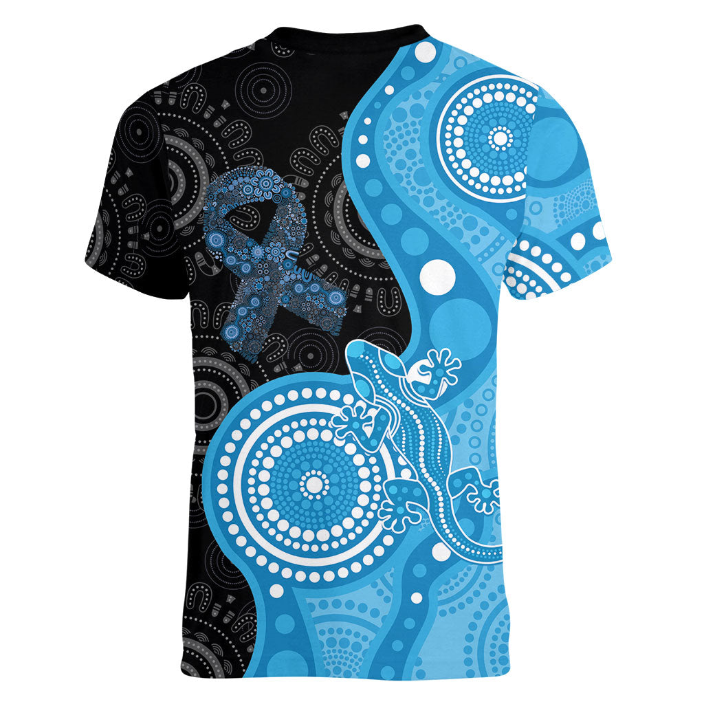 Australia Autism Support Month Women V-Neck T-Shirt Indigenous Lizard With Blue Ribbon