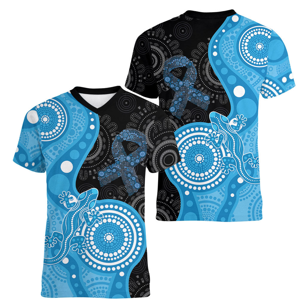 Australia Autism Support Month Women V-Neck T-Shirt Indigenous Lizard With Blue Ribbon
