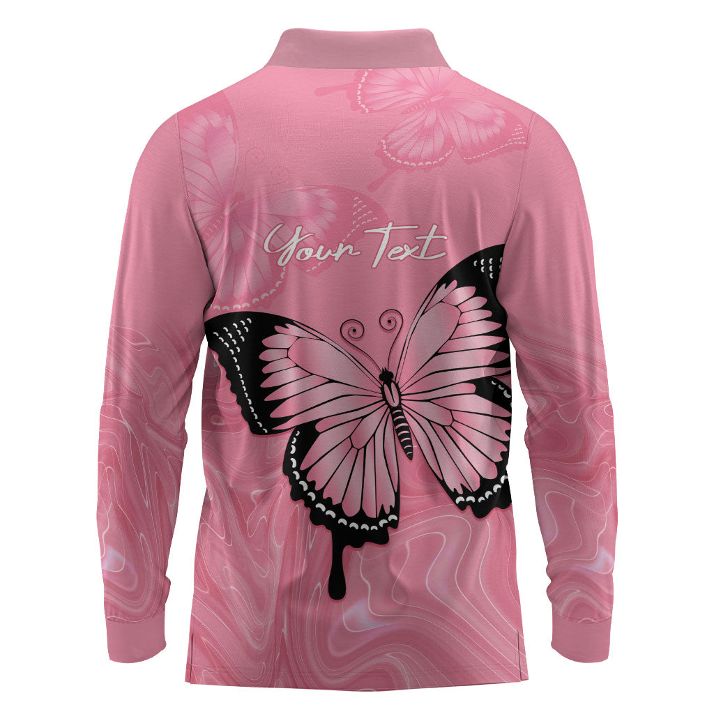 Personalised Australia Breast Cancer Support Long Sleeve Polo Shirt Pink Ribbon Butterfly Opal Pattern