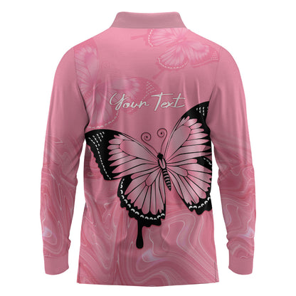 Personalised Australia Breast Cancer Support Long Sleeve Polo Shirt Pink Ribbon Butterfly Opal Pattern