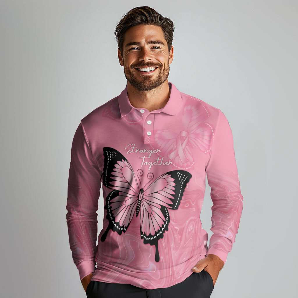 Personalised Australia Breast Cancer Support Long Sleeve Polo Shirt Pink Ribbon Butterfly Opal Pattern