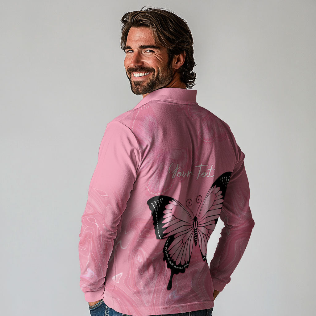 Personalised Australia Breast Cancer Support Long Sleeve Polo Shirt Pink Ribbon Butterfly Opal Pattern