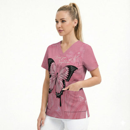 Personalised Australia Breast Cancer Support Scrub Top Pink Ribbon Butterfly Opal Pattern