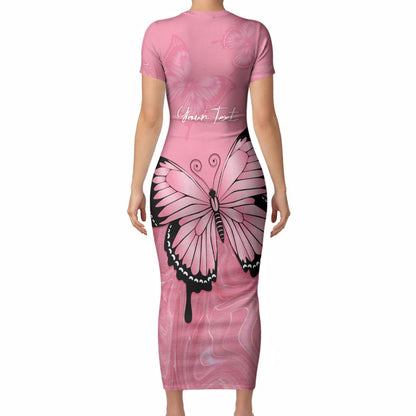 Personalised Australia Breast Cancer Support Short Sleeve Bodycon Dress Pink Ribbon Butterfly Opal Pattern