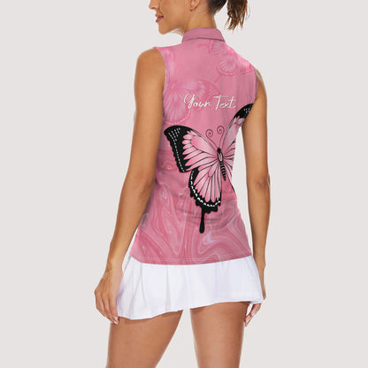 Personalised Australia Breast Cancer Support Women Sleeveless Polo Shirt Pink Ribbon Butterfly Opal Pattern