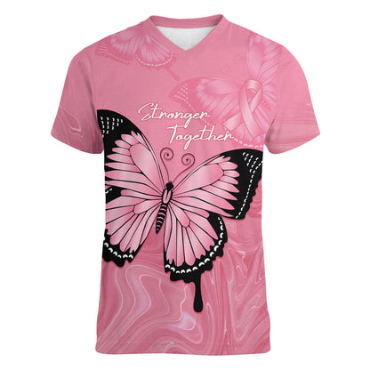 Personalised Australia Breast Cancer Support Women V-Neck T-Shirt Pink Ribbon Butterfly Opal Pattern