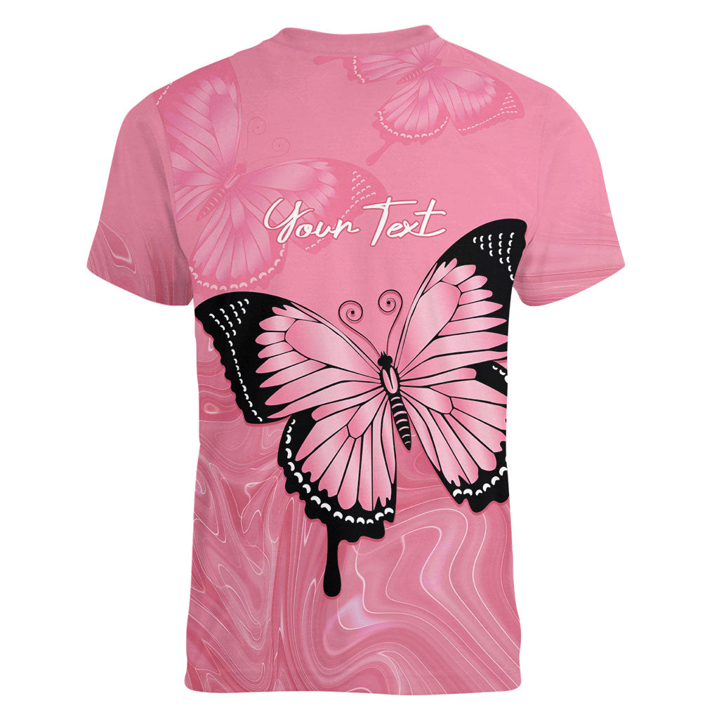 Personalised Australia Breast Cancer Support Women V-Neck T-Shirt Pink Ribbon Butterfly Opal Pattern