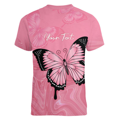 Personalised Australia Breast Cancer Support Women V-Neck T-Shirt Pink Ribbon Butterfly Opal Pattern