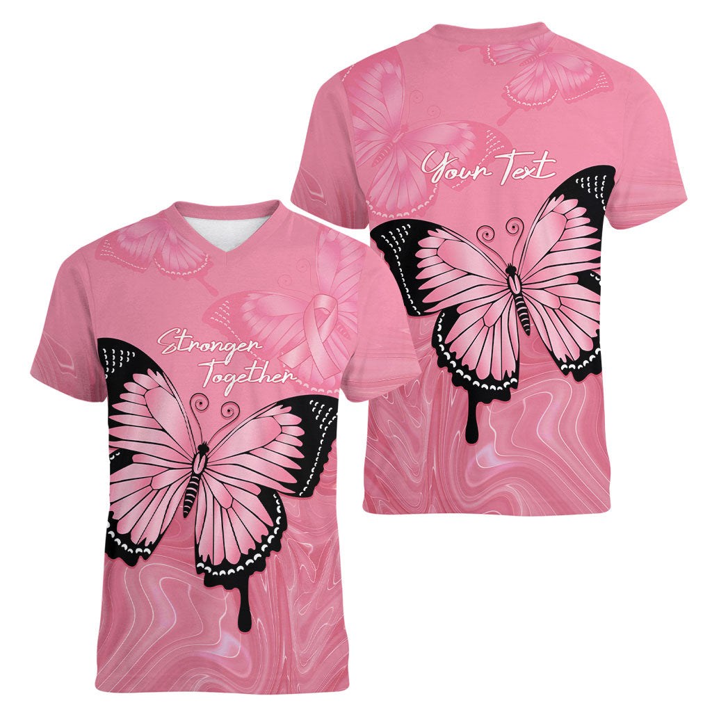 Personalised Australia Breast Cancer Support Women V-Neck T-Shirt Pink Ribbon Butterfly Opal Pattern