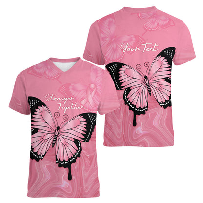 Personalised Australia Breast Cancer Support Women V-Neck T-Shirt Pink Ribbon Butterfly Opal Pattern