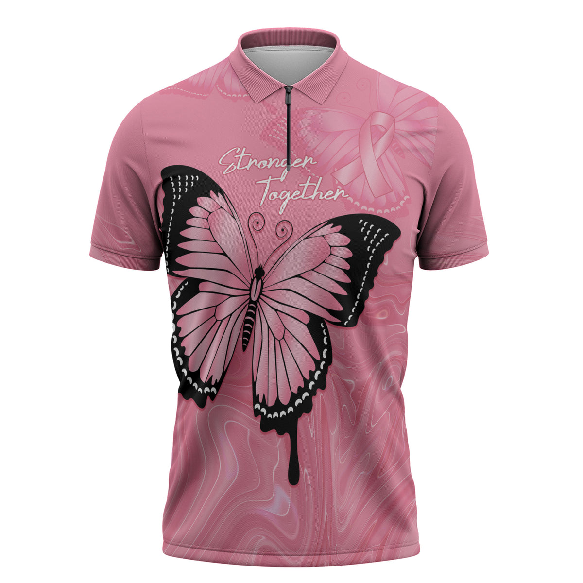 Personalised Australia Breast Cancer Support Zipper Polo Shirt Pink Ribbon Butterfly Opal Pattern