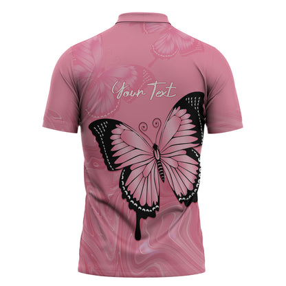 Personalised Australia Breast Cancer Support Zipper Polo Shirt Pink Ribbon Butterfly Opal Pattern