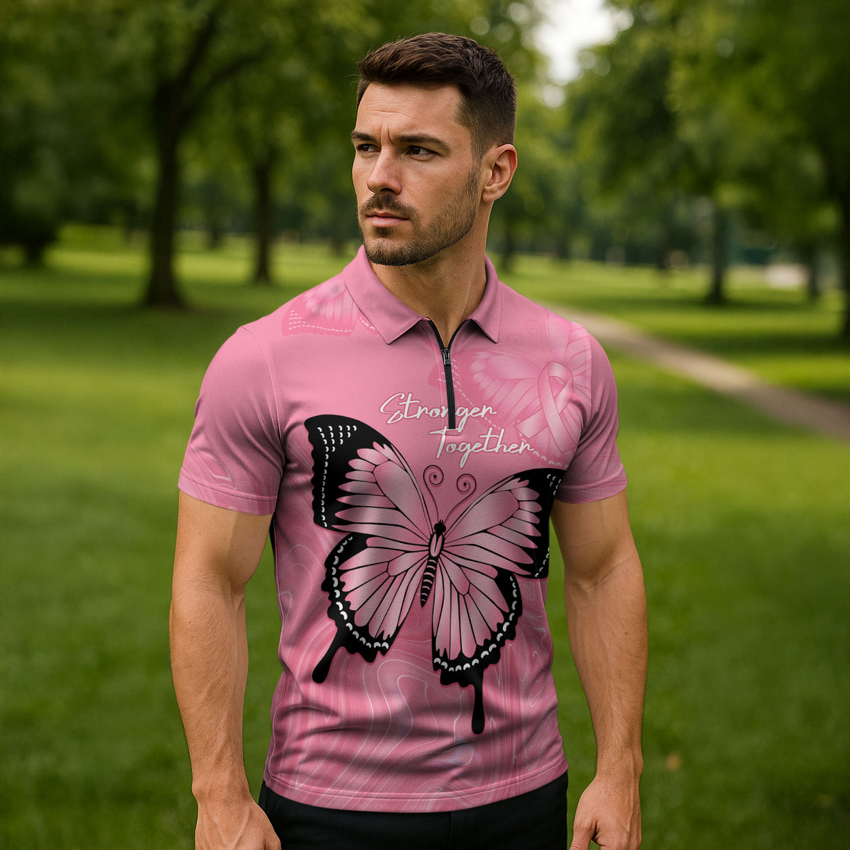 Personalised Australia Breast Cancer Support Zipper Polo Shirt Pink Ribbon Butterfly Opal Pattern