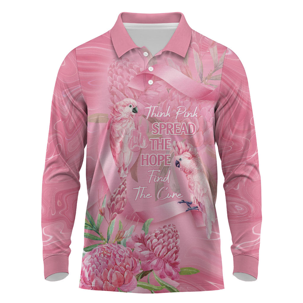 Australia Breast Cancer Support Long Sleeve Polo Shirt Think Pink Cockatoos Ribbon