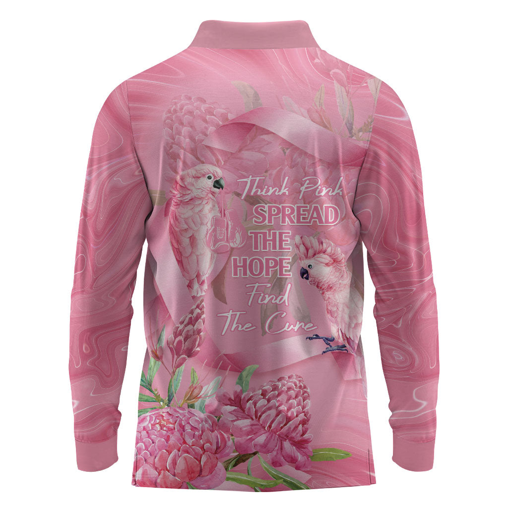 Australia Breast Cancer Support Long Sleeve Polo Shirt Think Pink Cockatoos Ribbon