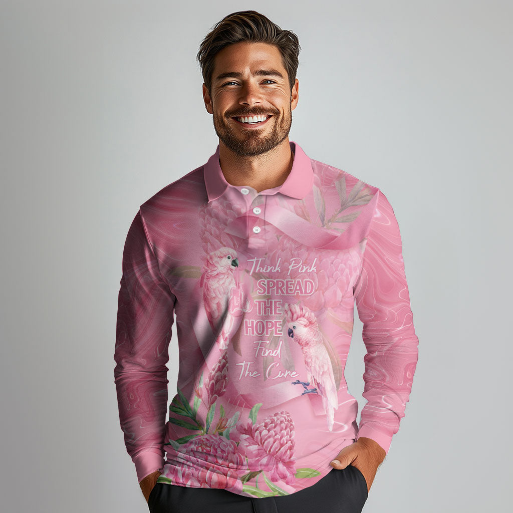 Australia Breast Cancer Support Long Sleeve Polo Shirt Think Pink Cockatoos Ribbon