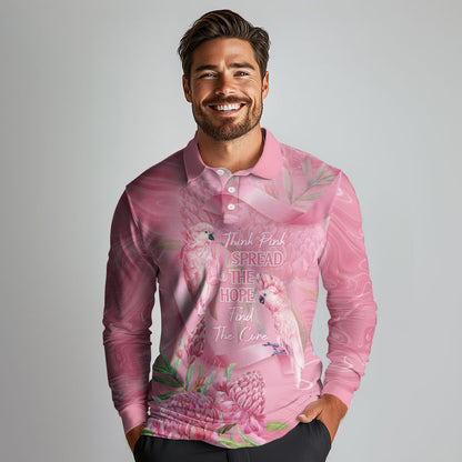 Australia Breast Cancer Support Long Sleeve Polo Shirt Think Pink Cockatoos Ribbon