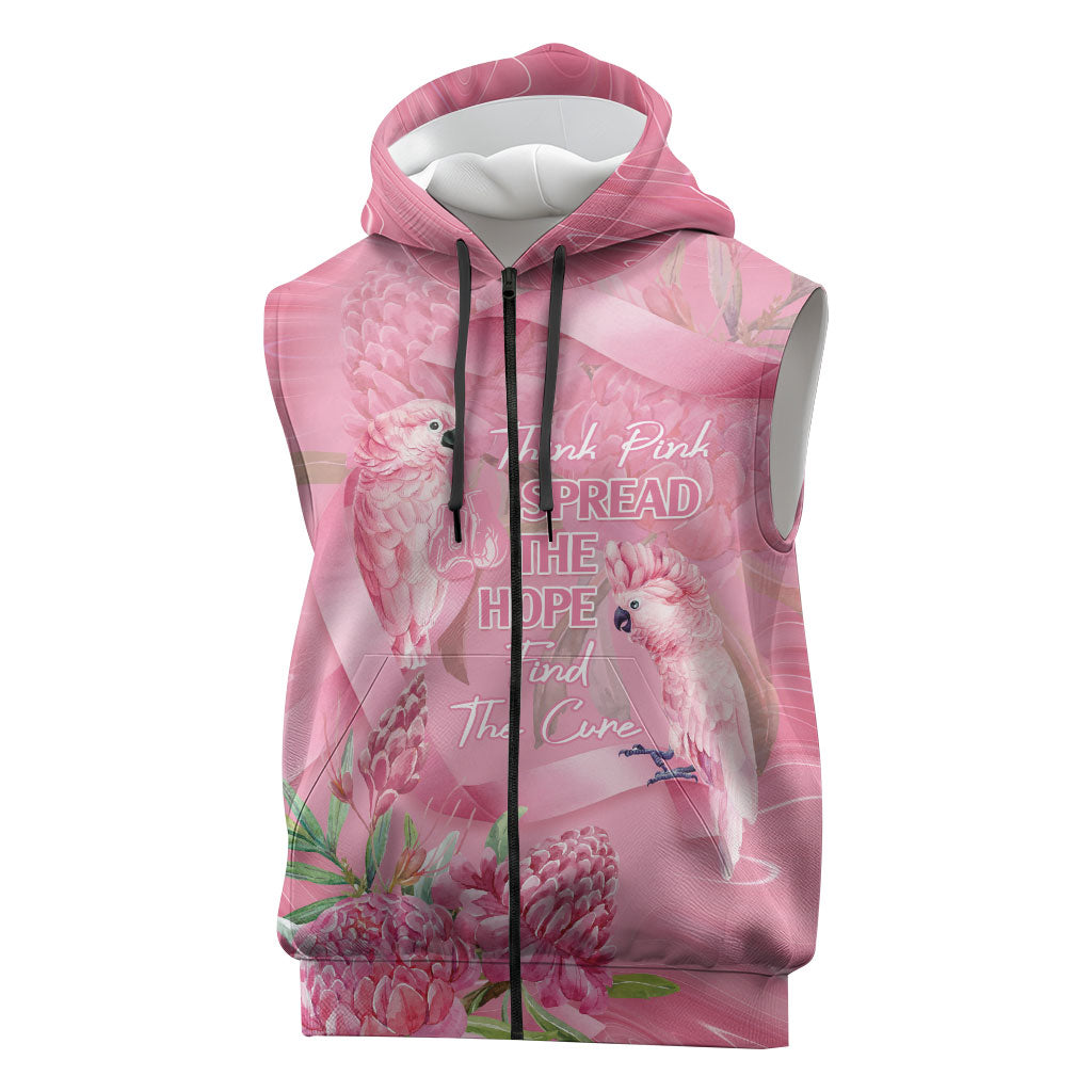 Australia Breast Cancer Support Sleeveless Zip Hoodie Think Pink Cockatoos Ribbon