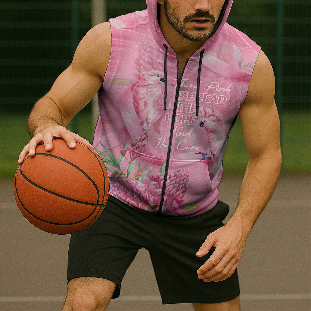 Australia Breast Cancer Support Sleeveless Zip Hoodie Think Pink Cockatoos Ribbon