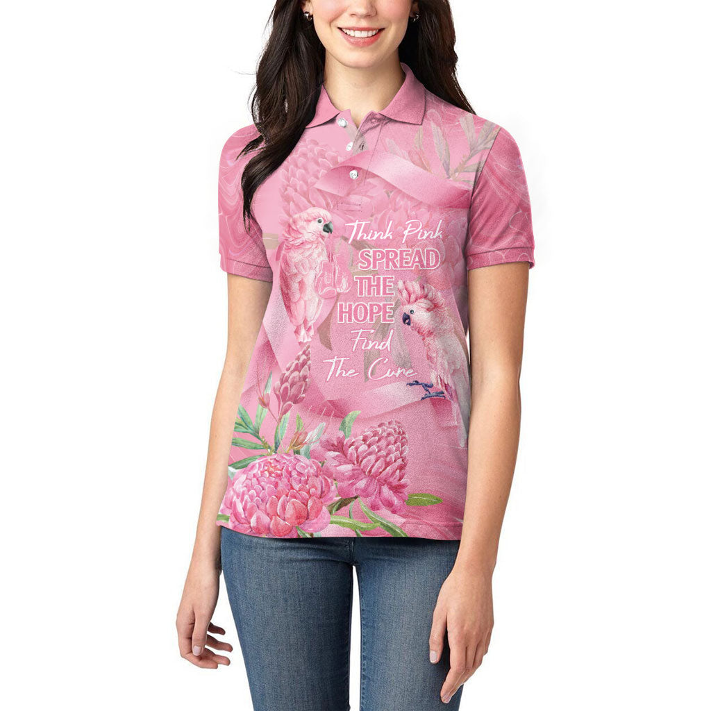 Australia Breast Cancer Support Women Polo Shirt Think Pink Cockatoos Ribbon