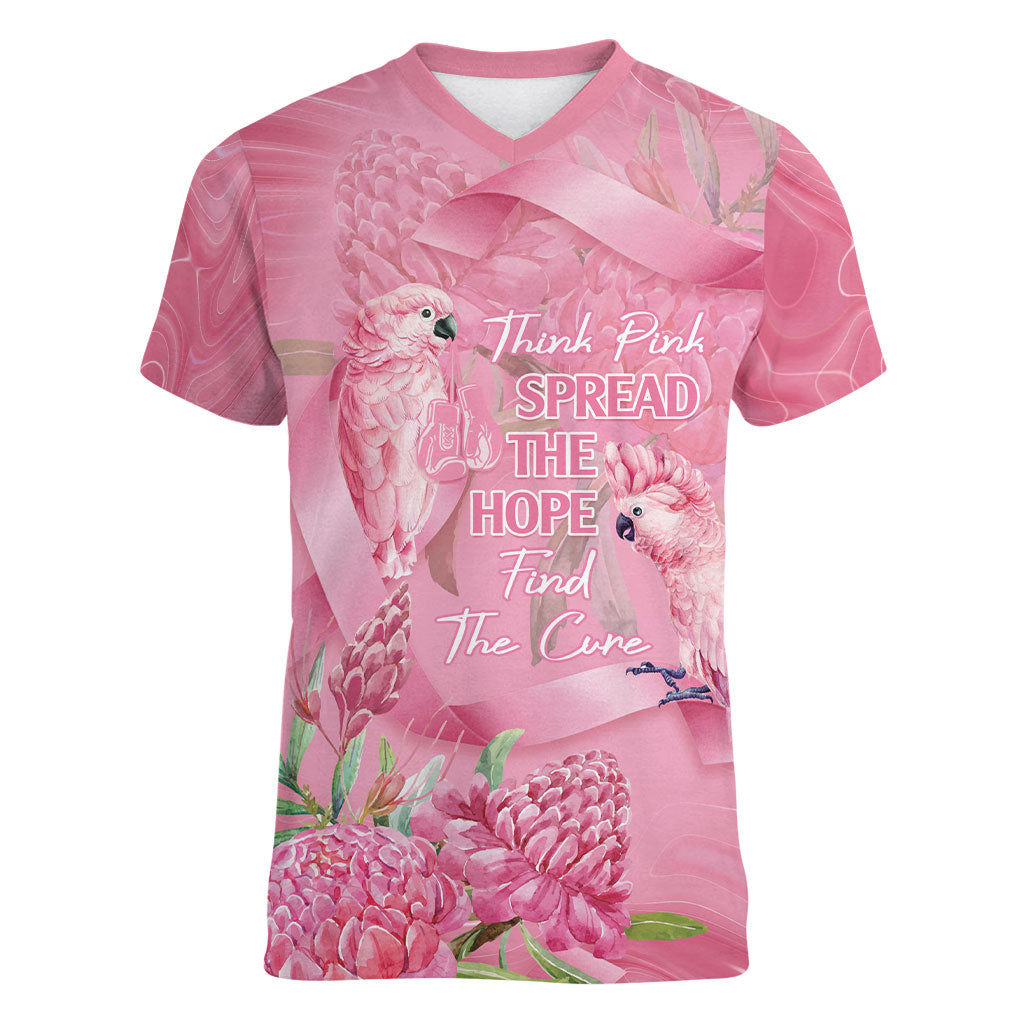 Australia Breast Cancer Support Women V-Neck T-Shirt Think Pink Cockatoos Ribbon